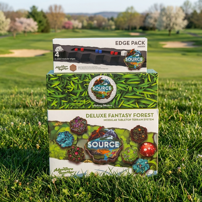 Swing Into Spring Early bundle — Deluxe Fantasy Forest, SOURCE Golf and Edge Pack stacked on a sunny spring golf course fairway with blooming trees