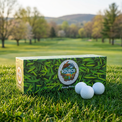 SOURCE Golf box on golf course with white golf balls — dice-rolling golf simulation game on real fairway with spring blossoms backdrop
