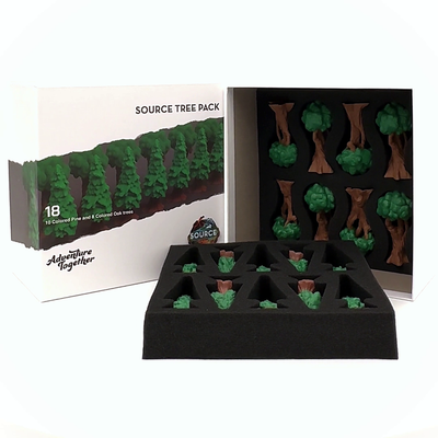 SOURCE Tree Pack — 18 colored pine and oak miniature trees nested in black foam tray with white Tree Pack box for tabletop terrain forests
