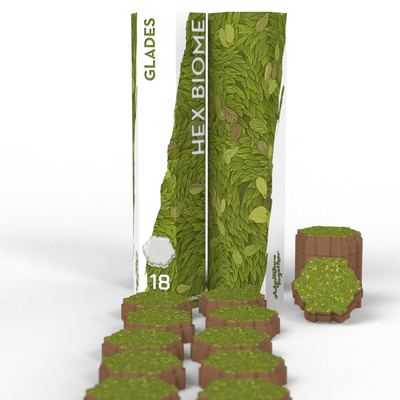 SOURCE Hex Pack Glades 2-pack — two tall Glades Hex Biome tubes with 18 pre-colored bright green glade hex tiles plus stacked elevation column for tabletop terrain