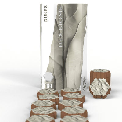 SOURCE Hex Pack Dunes 2-pack — two tall Dunes Hex Biome tubes with 18 pre-colored pale sand dune hex tiles plus stacked elevation column for desert tabletop terrain