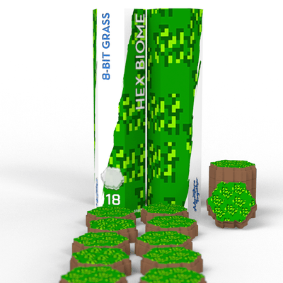 SOURCE Hex Pack 8-Bit Grass 2-pack — two tall 8-Bit Grass Hex Biome tubes with 18 pixel-art green hex tiles plus stacked elevation column for retro tabletop terrain