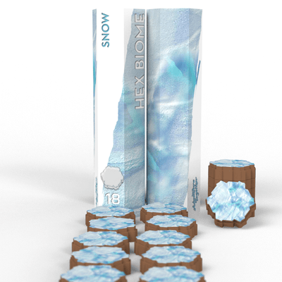 SOURCE Hex Pack Snow 2-pack — two tall Snow Hex Biome tubes with 18 pre-colored icy snow hex tiles plus stacked elevation column for tabletop terrain